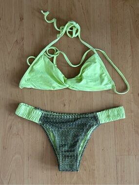 Vintage l*space Neon Lime Bikini Set with Textured Trim